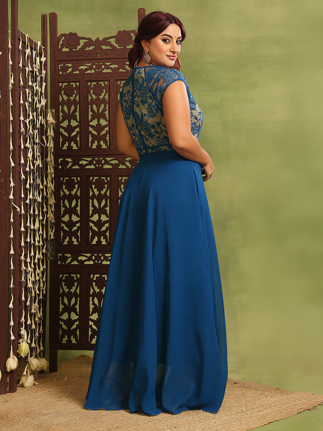 Royal Blue Floral Cap Sleeves Fit and Flare Lace Maxi Dress for Women