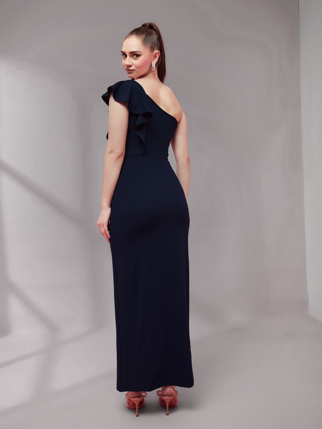 Navy Blue Solid One Shoulder Sleeveless Ruffled Maxi Dress for Women