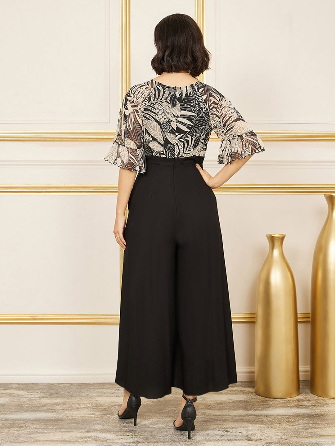 Women's Black V-Neck Ruffled Sleeve Wide Leg Polyester Printed Jumpsuit
