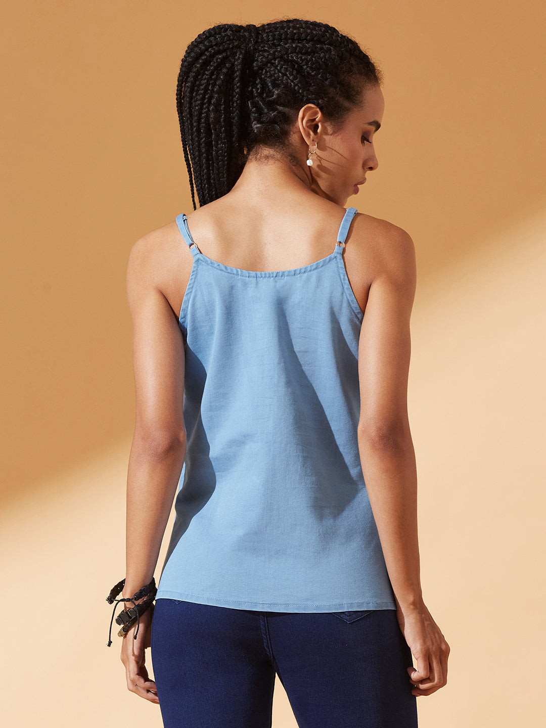 Light-Blue V Neck Sleeveless Cotton Solid Denim Spaghetti Top for Women