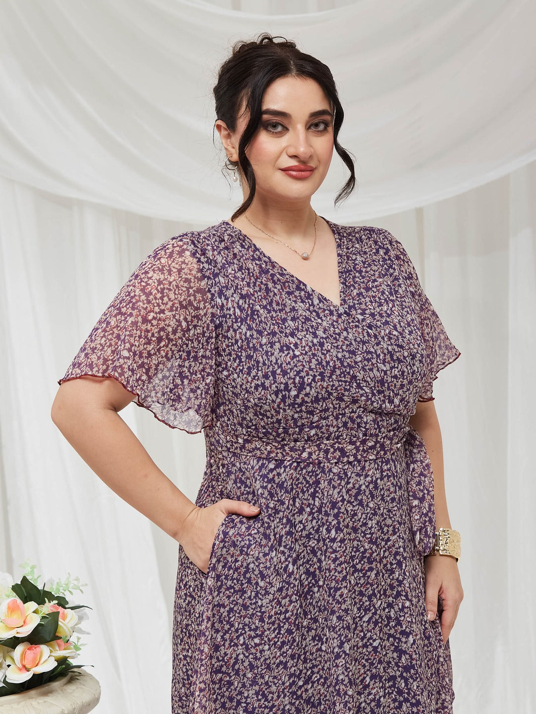 Purple V Neck Flared Sleeve Floral Wrap Chiffon Maxi Dress for Women