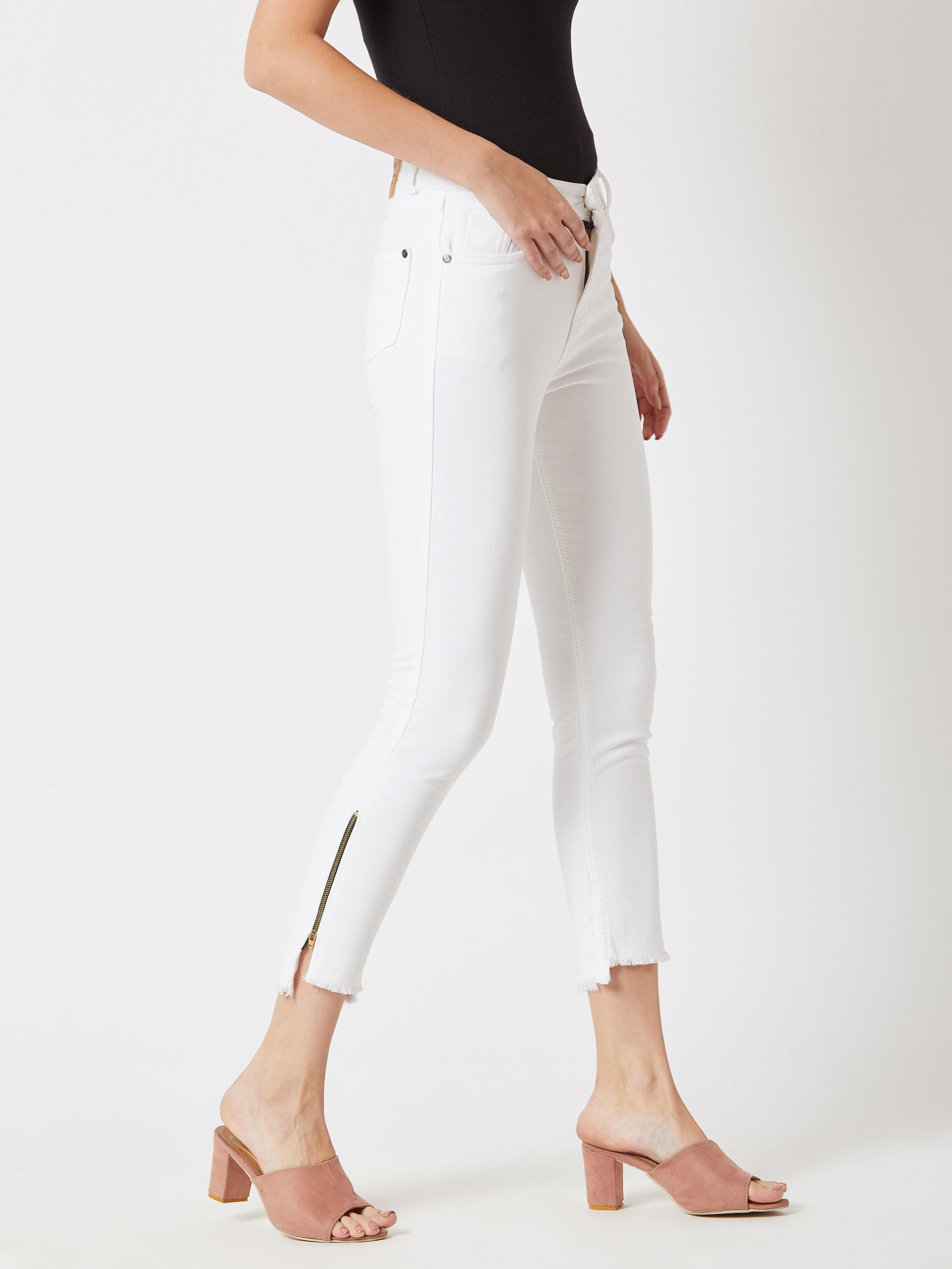 Women's White Skinny-Fit High-Rise Side-Slit Raw Edge Cropped Stretchable Denim Jeans