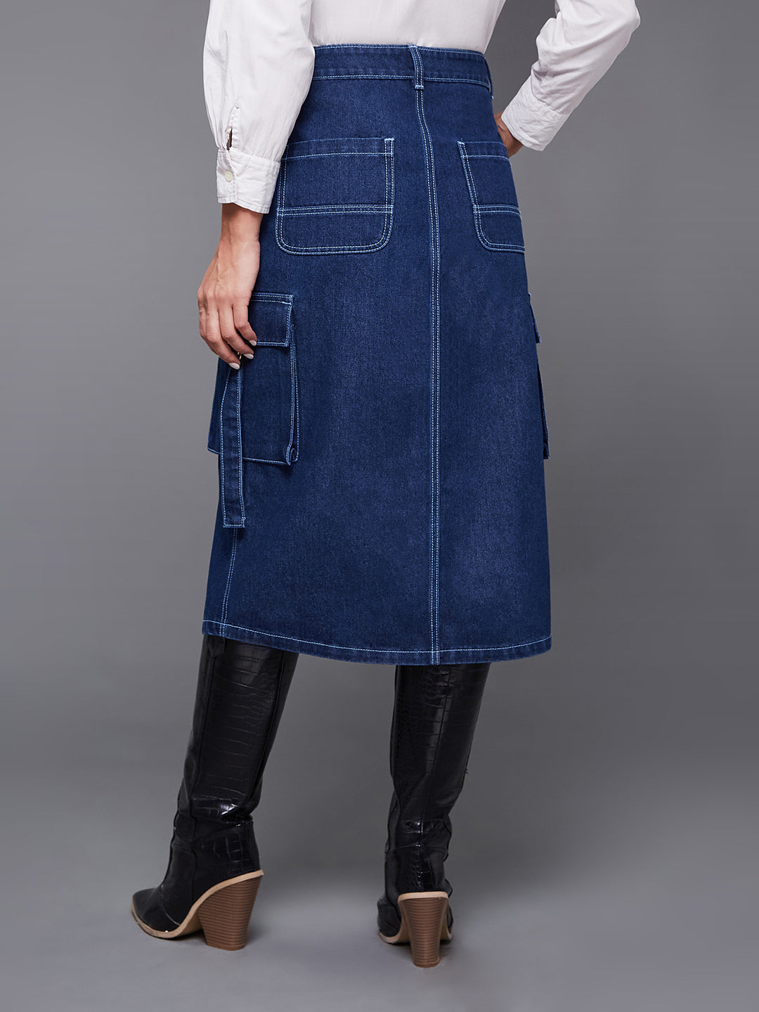 Women's Navy Blue Straight High-Rise Midi Cargo Denim Skirt