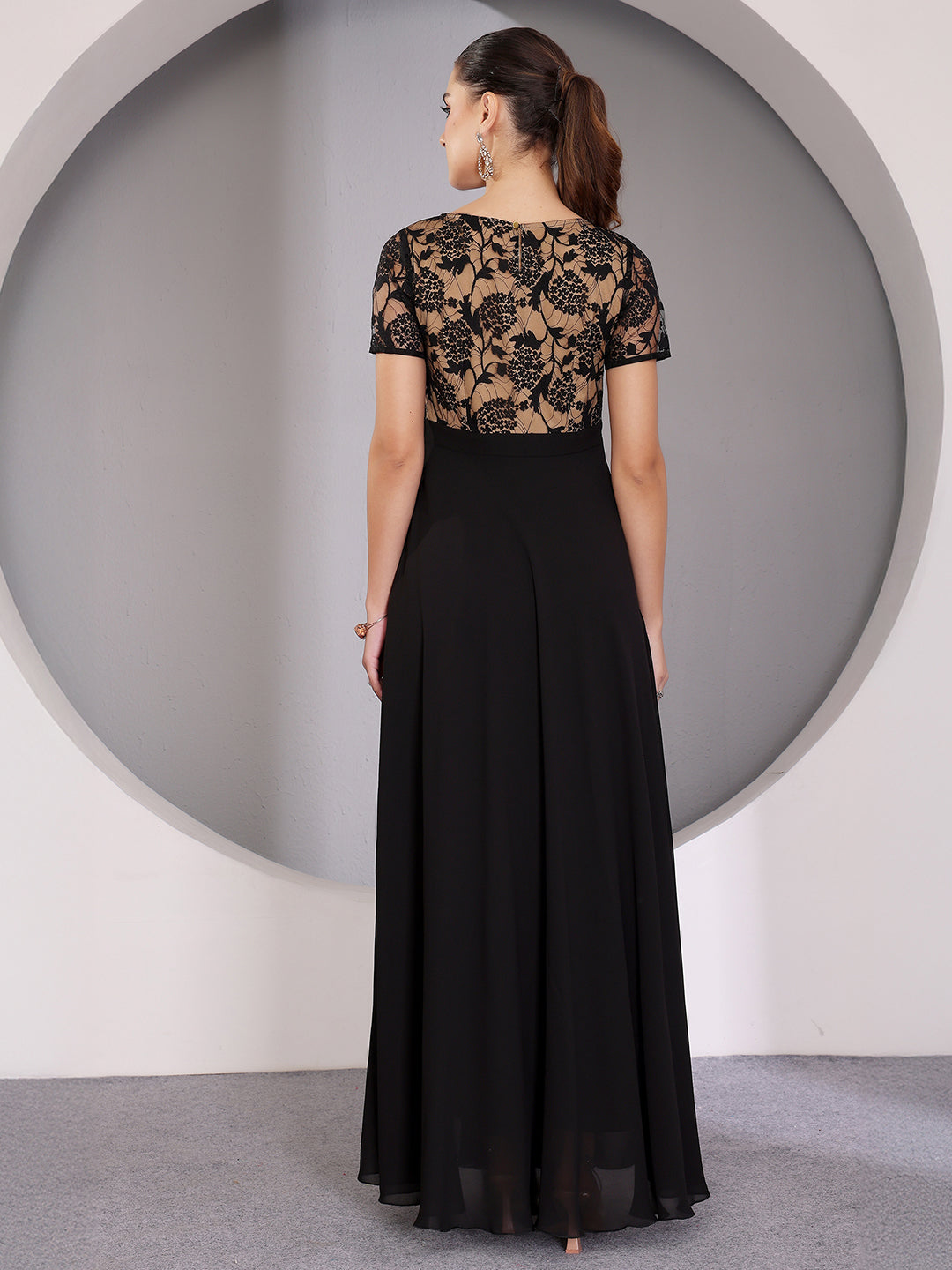 Women's Black Round-Neck Half-Sleeve Self-Design Fit-&-Flare Georgette Maxi Dress