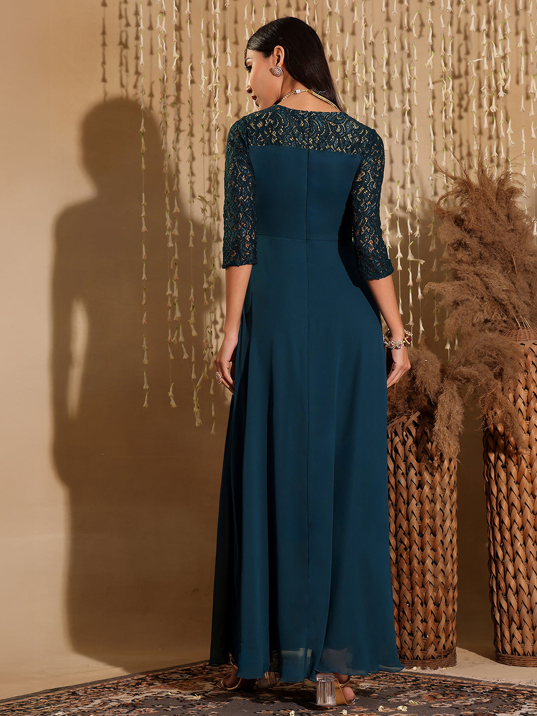 Women's Teal V-Neck 3/4 Sleeve Self-Designed Wrap-Styled Georgette Maxi Dress