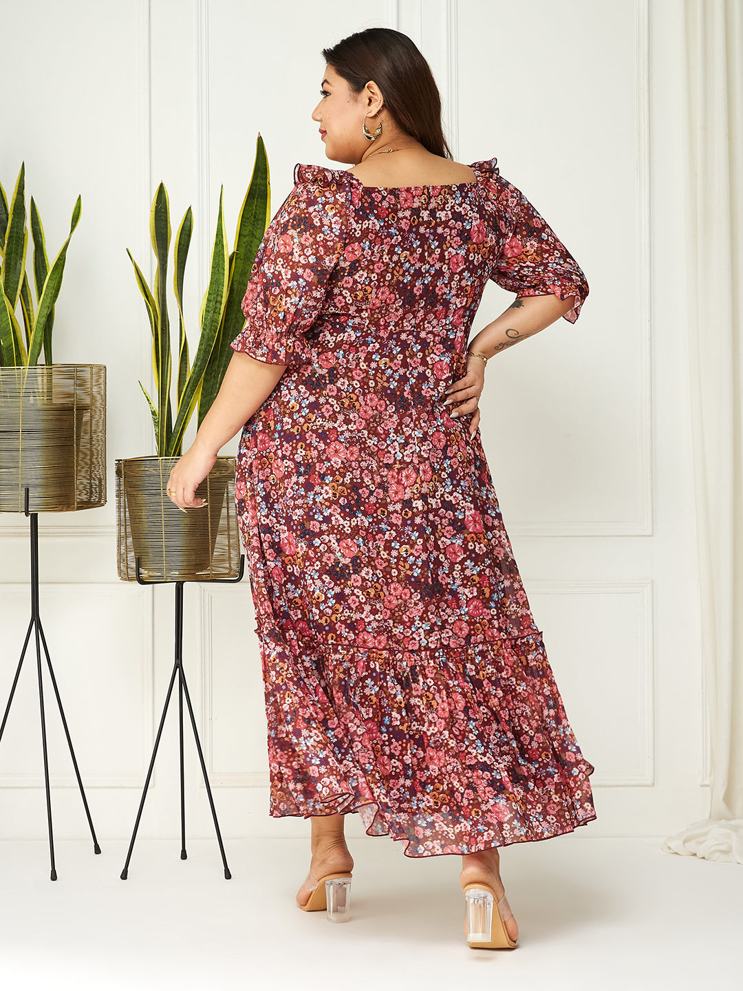 Wine Multicoloured Floral Printed Puff Sleeves Sweetheart Neck Fit and Flare Maxi Dress for Women | Summer Dress