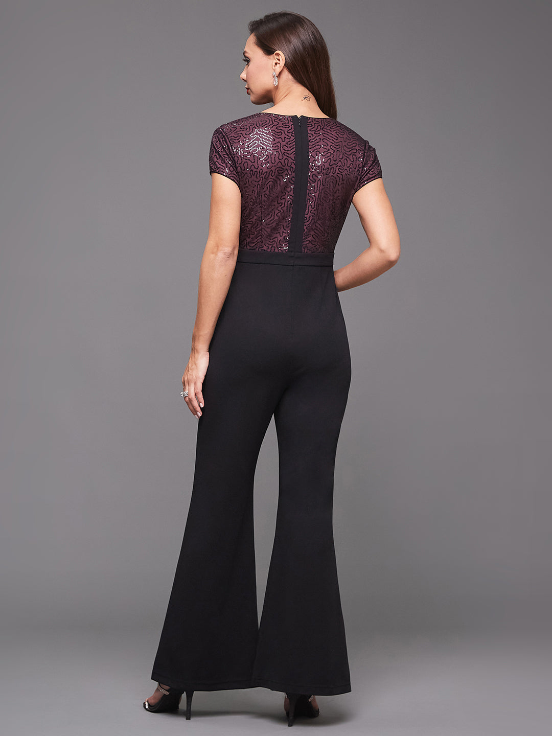 Women's Cocktail Black V-Neck Short Sleeve Sequined Wrap Party Jumpsuit