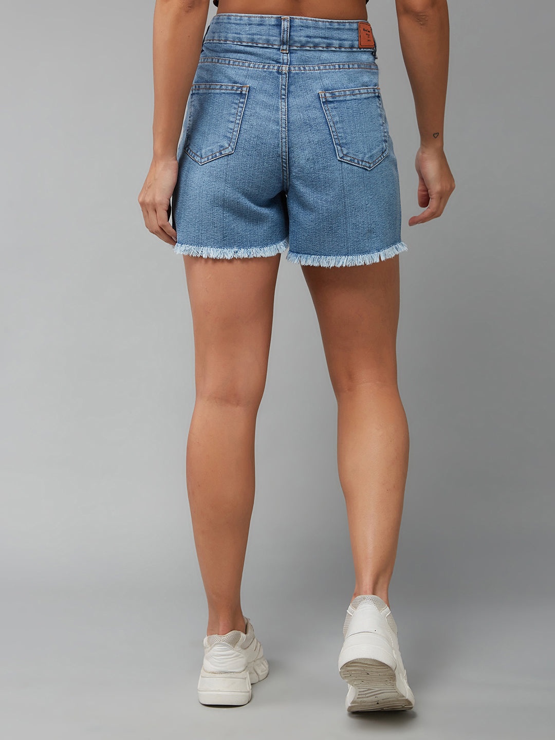Light-Blue Relaxed Fit Light Weight Mid-Rise Highly Distressed Denim Shorts for Women