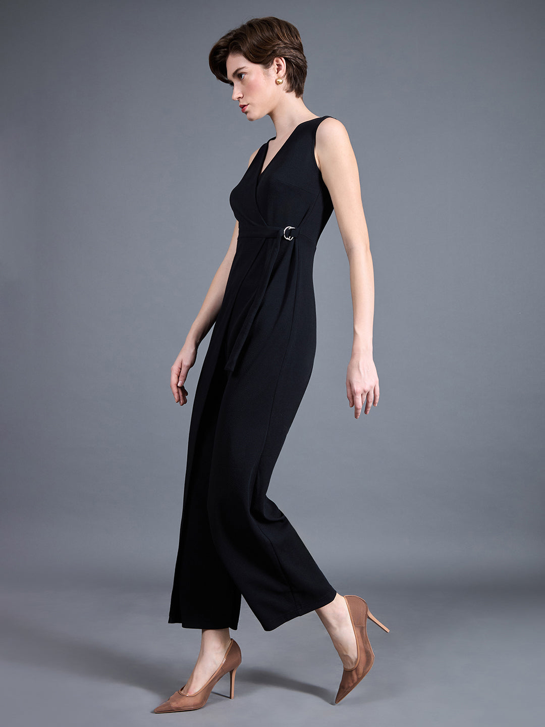 Women's Black V-Neck Sleeveless Solid Wrap Regular-Length Polyester Jumpsuit