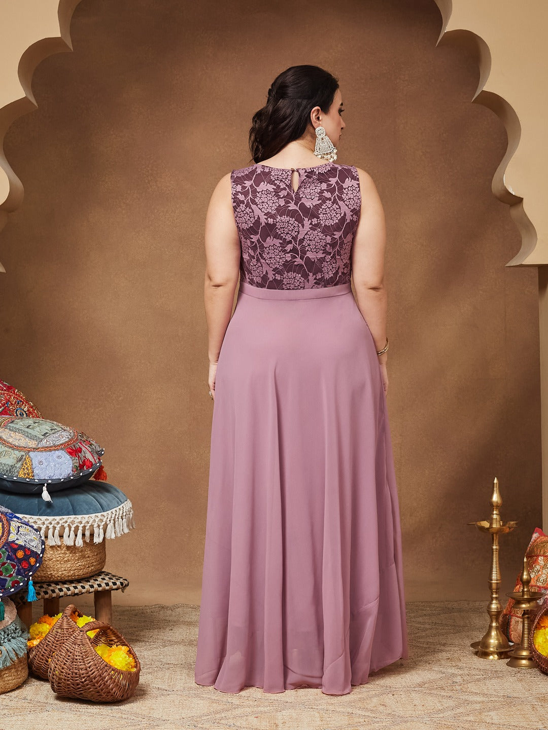 Lavender Round neck Sleeveless Solid Lace Overlaid Maxi Dress for Women — Miss Chase A+