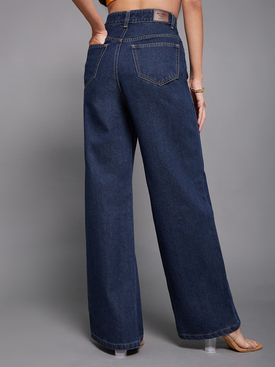 Women's Navy-Blue Wide-Leg High-Rise Non-stretchable Denim Jeans