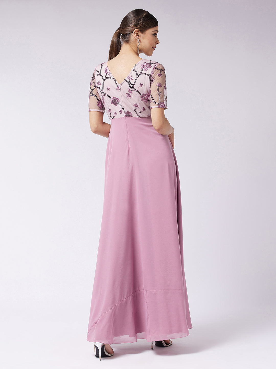 Women's Dusty Lavender Round Neck Half Sleeve Solid Embellished Maxi Dress