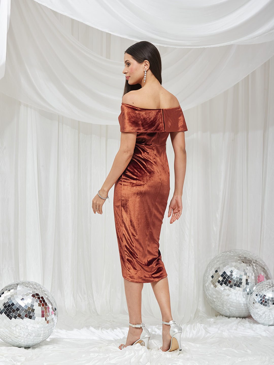 Rust Velvet Off-Shoulder Draped Knee-Length Dress with Tulip Hem for Women — Miss Chase
