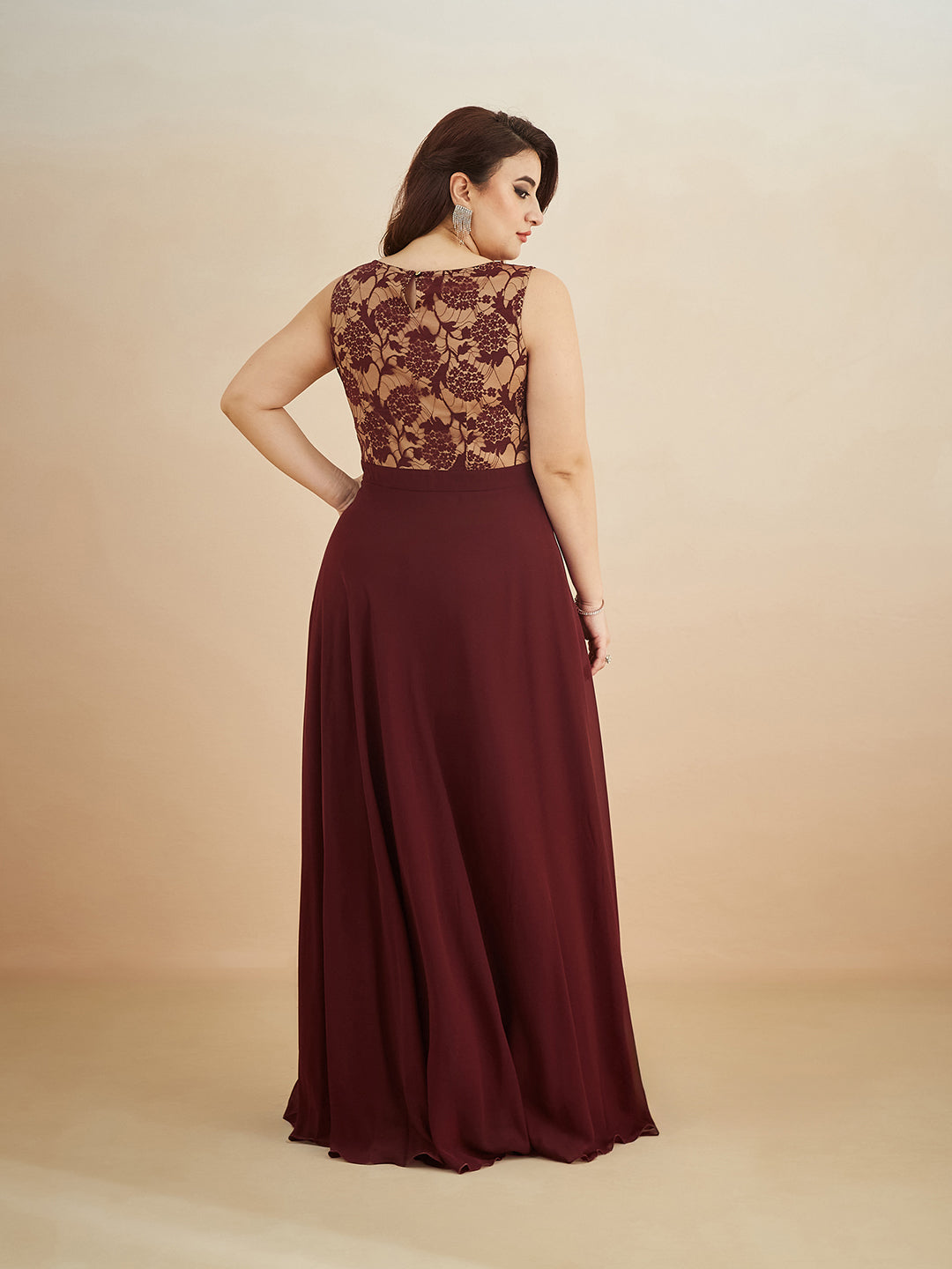 Beige & Wine Round Neck Sleeveless Georgette Floral Lace Fit & Flare Maxi Dress for Women — Miss Chase A+