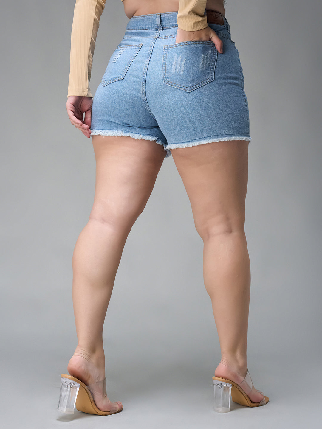 Blue denim shorts with a high waist for women