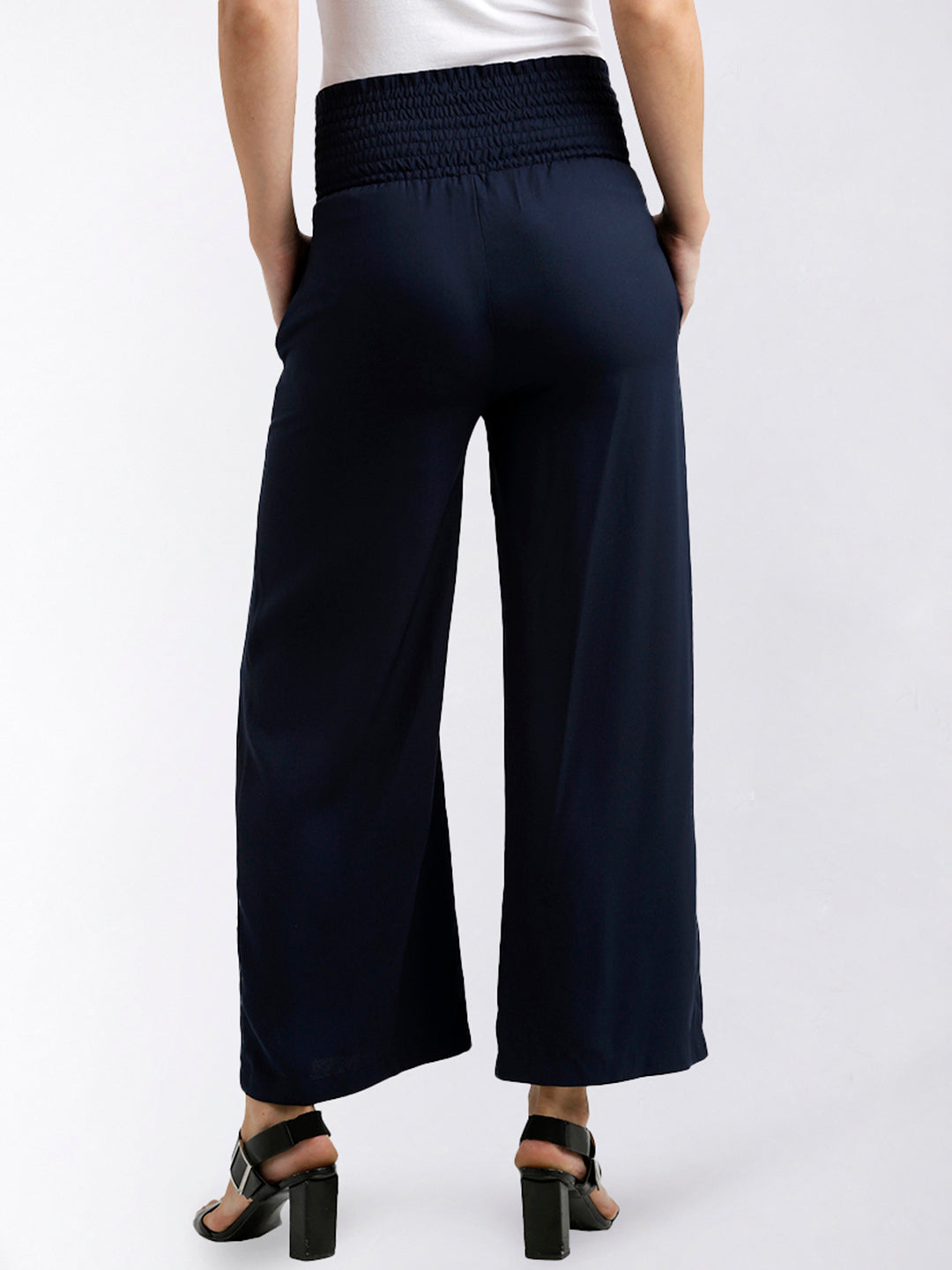 Women's Navy Blue Solid Straight Fit Criss Cross Detailing Waist Tie-Up Pant