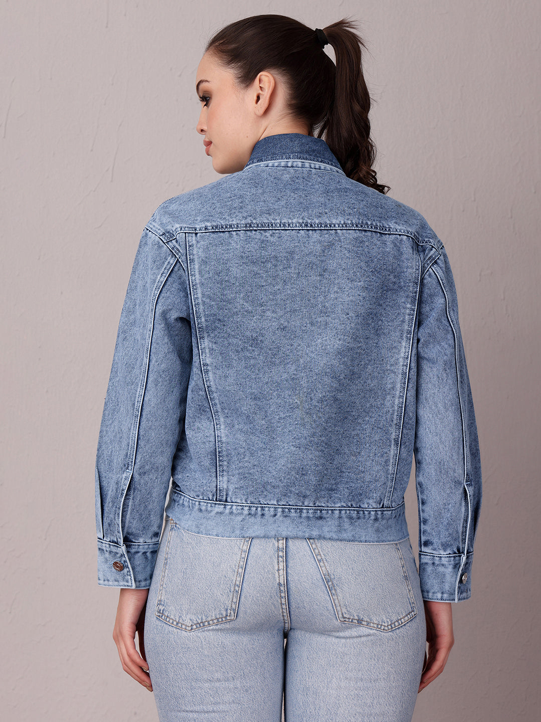 Women's Light Blue Collared Full Sleeve Solid Classic Regular Length Denim Jacket