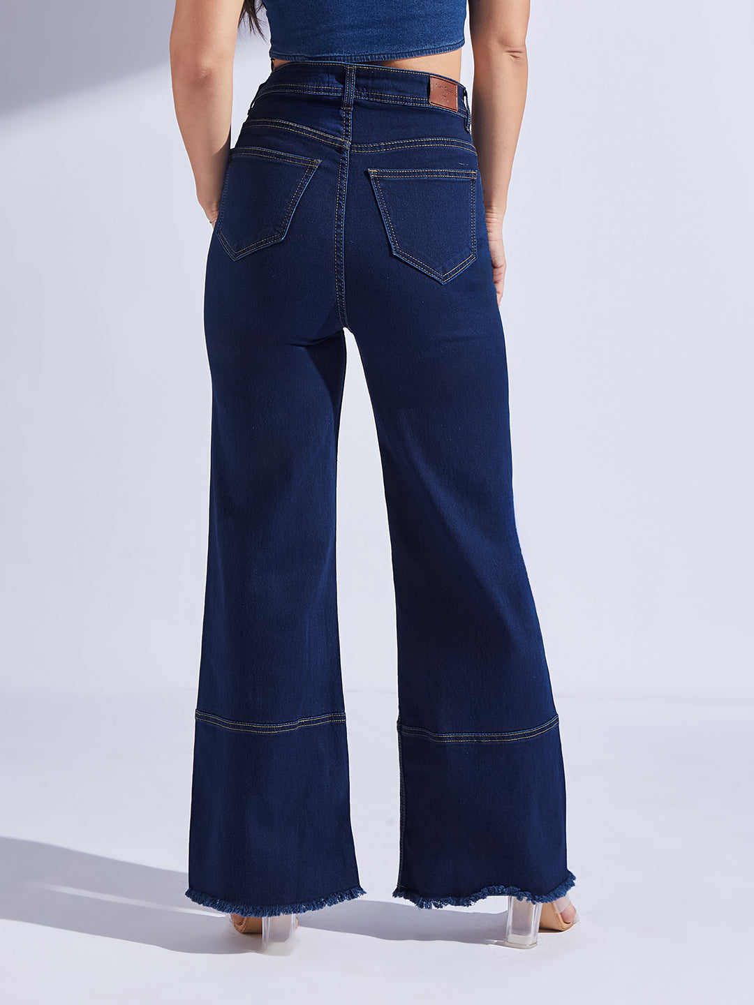 Women's Navy Blue Wide Leg High-Rise Stretchable Denim Jeans