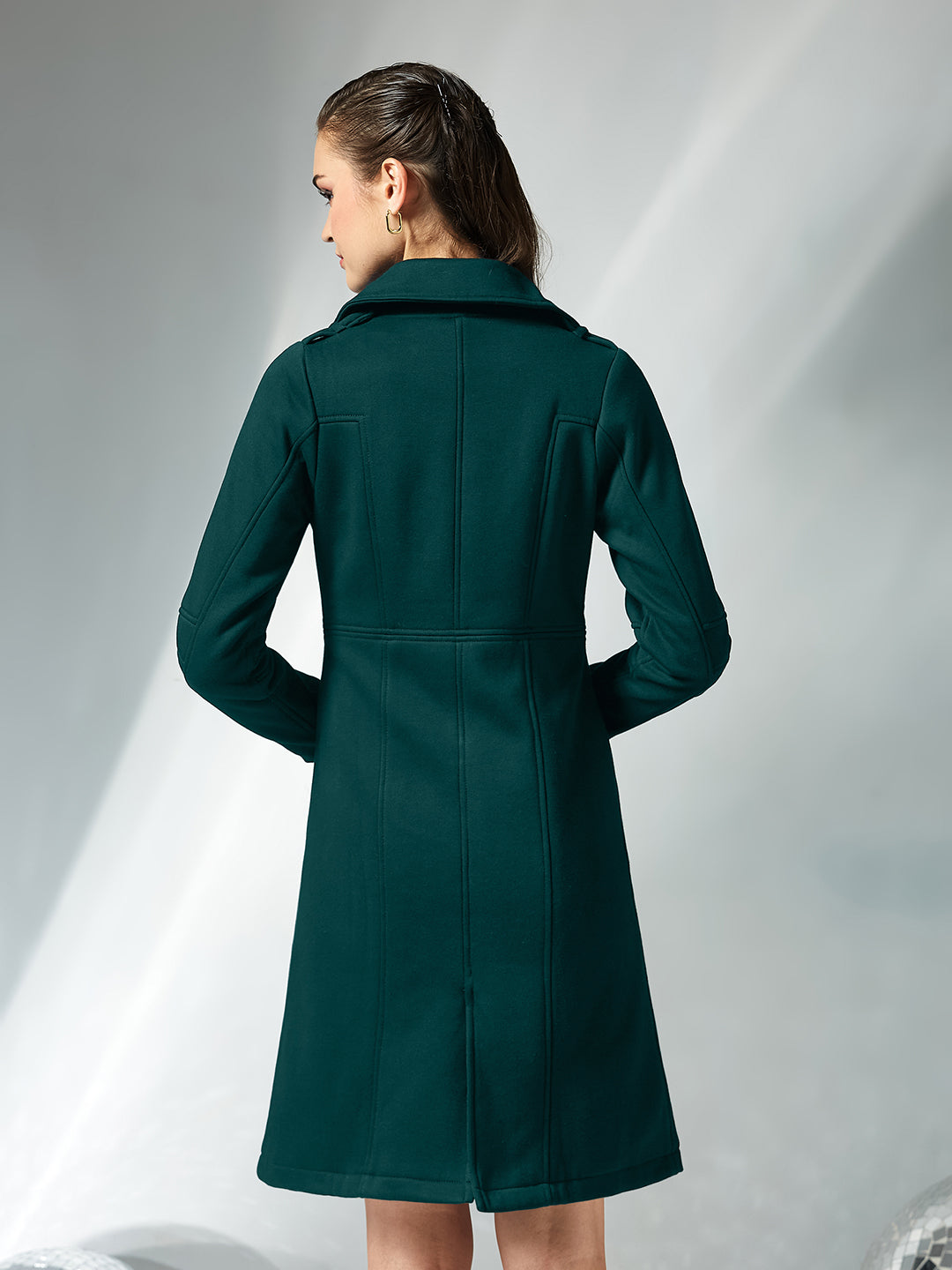 Women's Dark Green Notch Collar Multi Panelled Full Sleeve Solid Double Breasted Knee Length Jacket