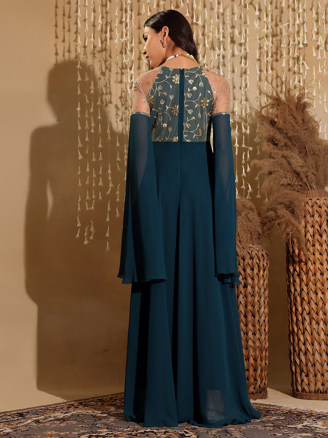 Women's Teal V-Neck Full Sleeve Embroidered Fit & Flare Georgette Maxi Dress