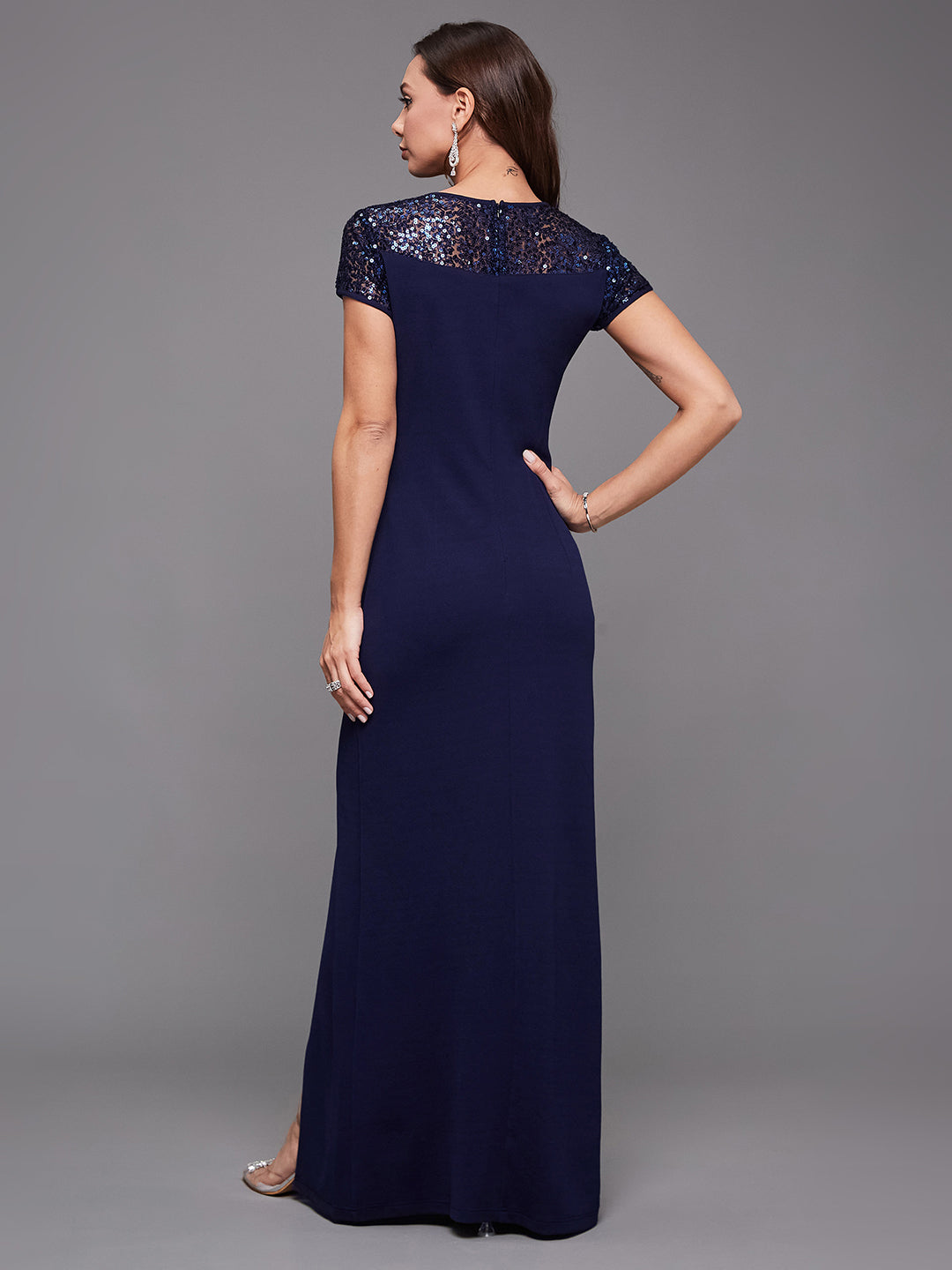 Women's Navy Blue Round Neck Cap Sleeves Sequin Paneled Solid Bodycon Maxi Dress