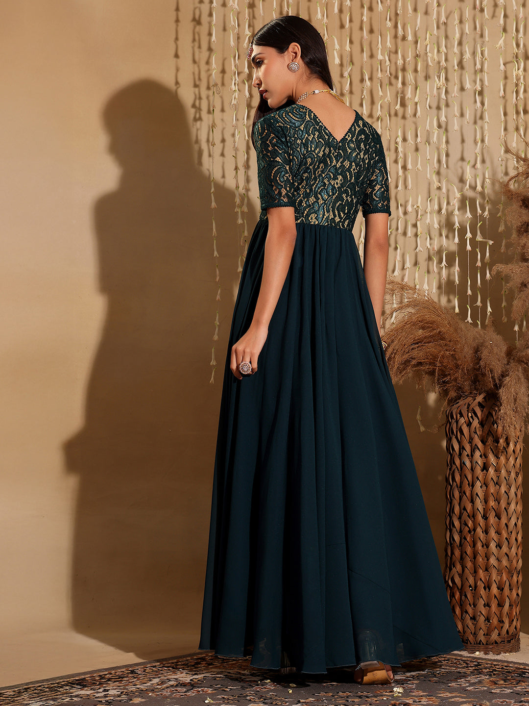 Women's Teal V-Neck Half Sleeve Self Designed Wrap Georgette Maxi Dress