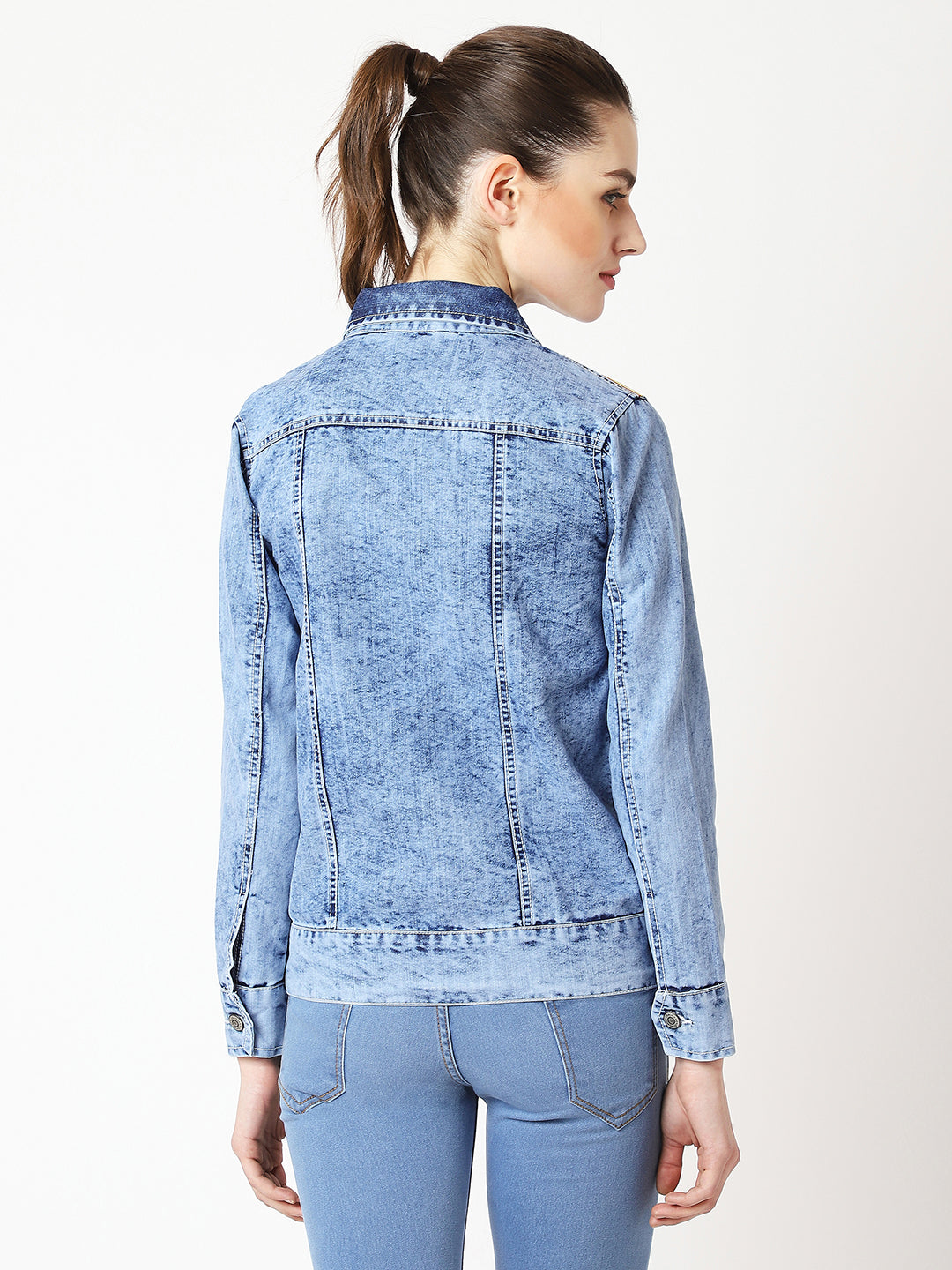 Women's Light Blue Collared Full Sleeve Solid Buttoned Ice Wash Multicolored Twill Tape Detailing Denim Jacket