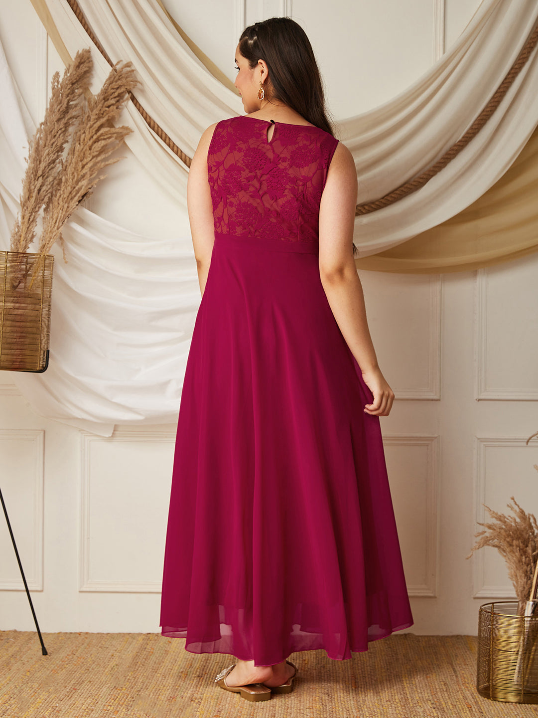 Dark Pink Boat-Neck Sleeveless Solid Lace Overlaid Polyester Maxi Dress