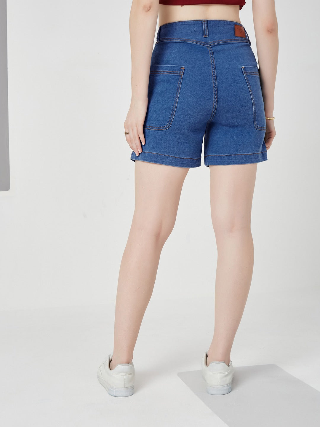 Relaxed-Fit Mid-Rise Stretchable Blue Denim Bermuda Shorts for Women
