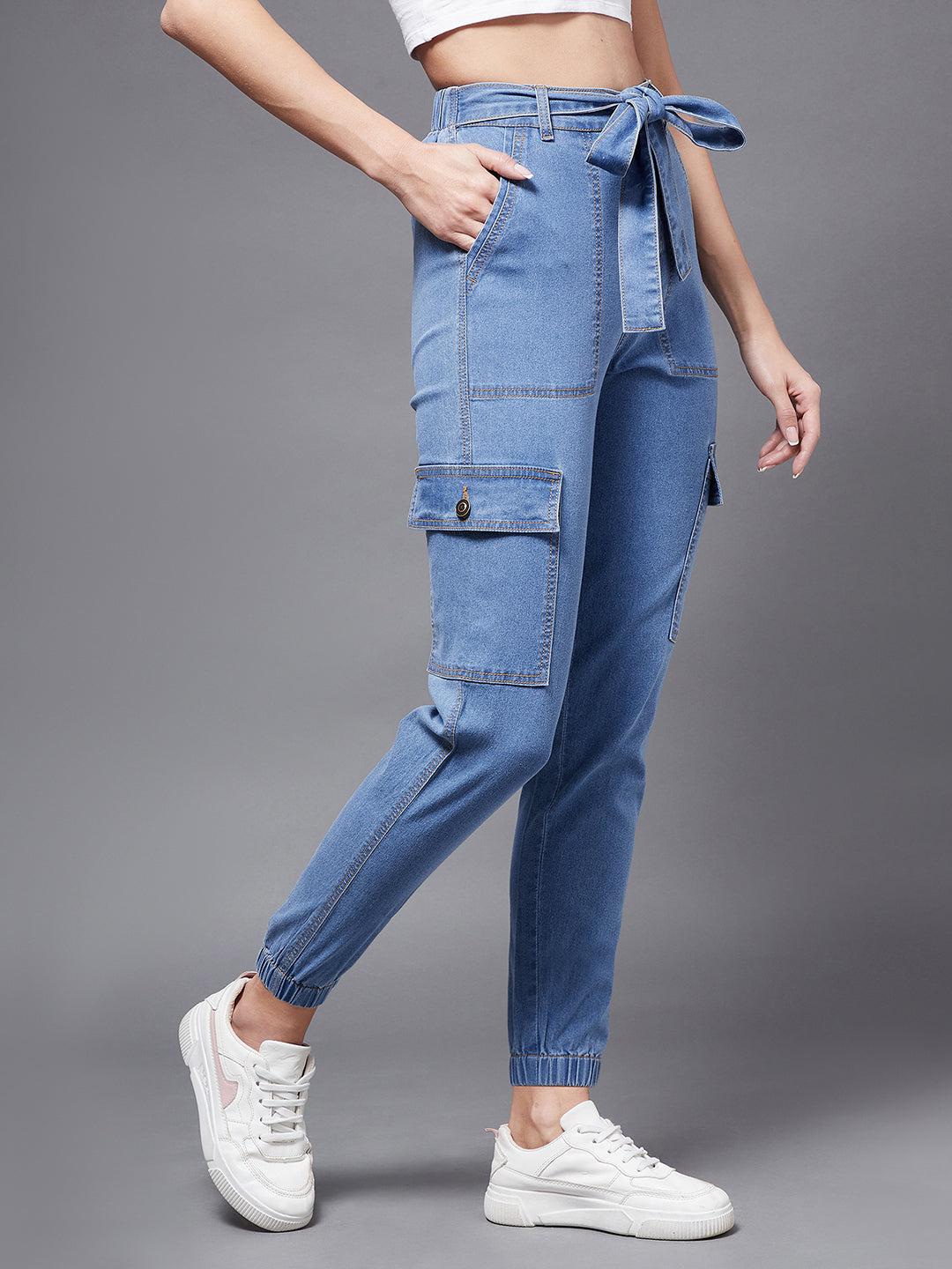 Women's Blue High-Rise Stretchable Denim Joggers