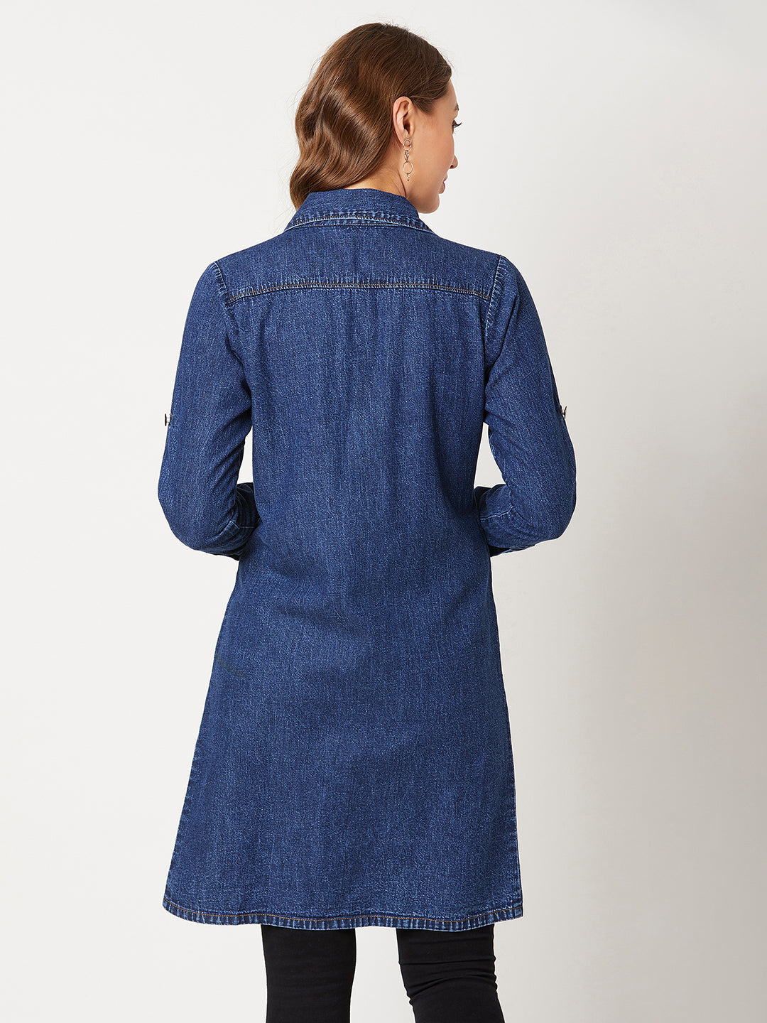 Women's Navy Blue Solid Polo Neck Full Sleeves Patch Pocket Denim Overcoat Knee-Length Jacket