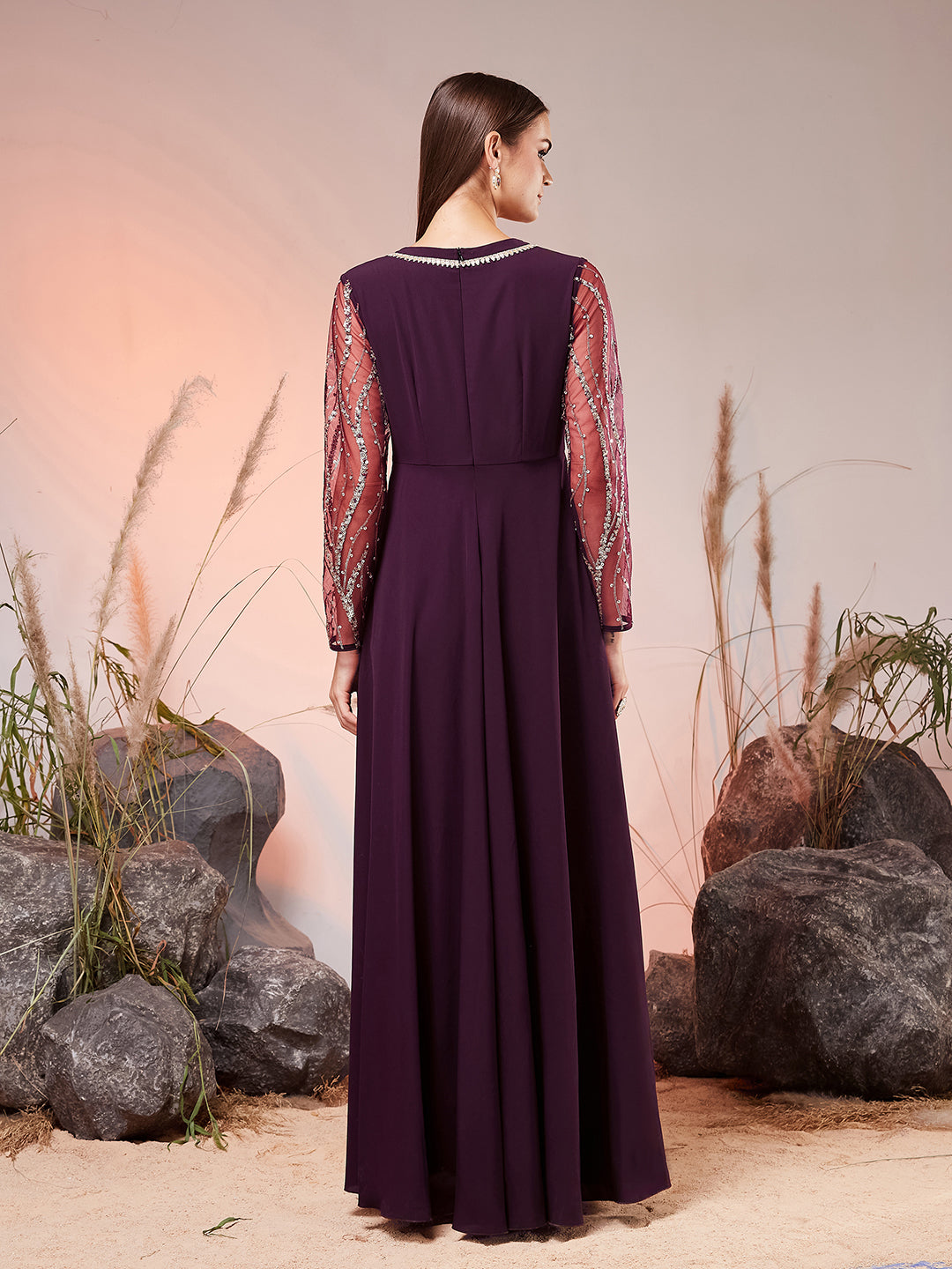 Dark Purple V-Neck Full Sleeve Embellished Fit & Flare Maxi Georgette Ethnic Dress for Women — Miss Chase