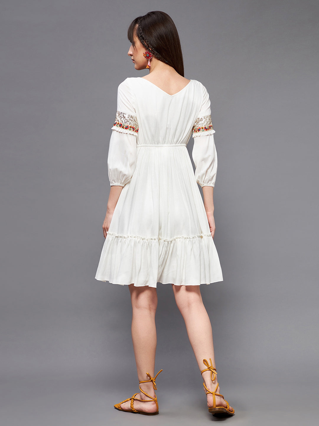 Women's Off-White Boat neck Bishop Sleeve Viscose Rayon Embellished Gathered Midi Dress