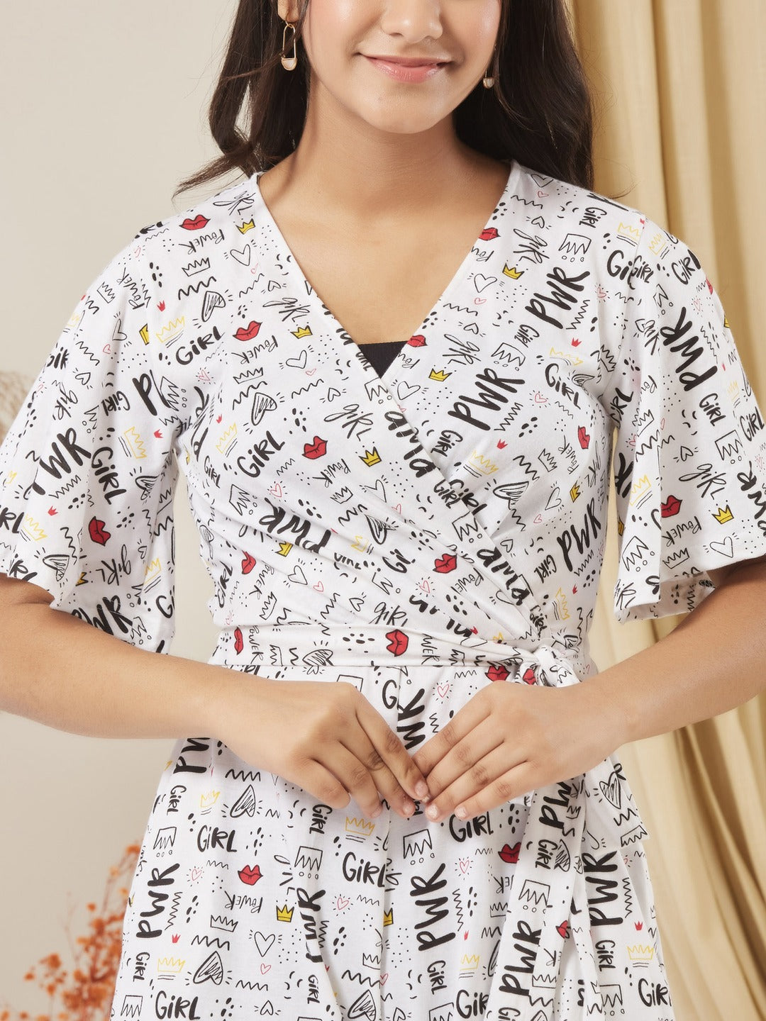 White V-Neck Half-Sleeve Conversational-Printed Wrap Knee-Long Cotton Playsuit for Girls/Teenagers