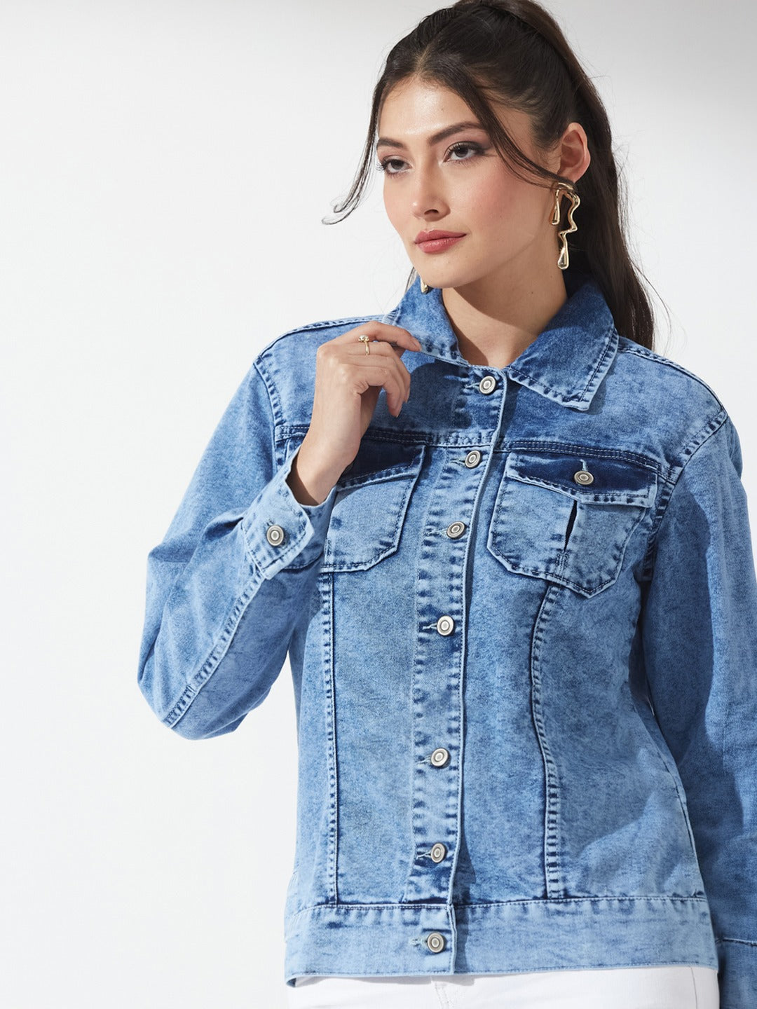 Light Blue Collared Full Sleeve Solid Embellished Regular Length Denim Jacket for Women
