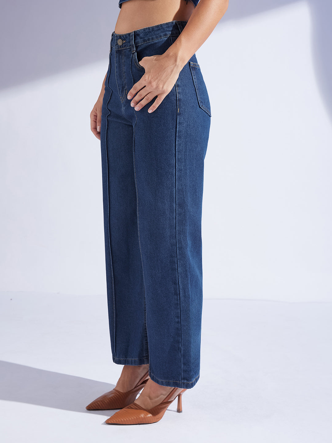 Women's Navy Blue Wide-Leg High-Rise Clean-Look Regular-Length Non-stretchable Denim Jeans