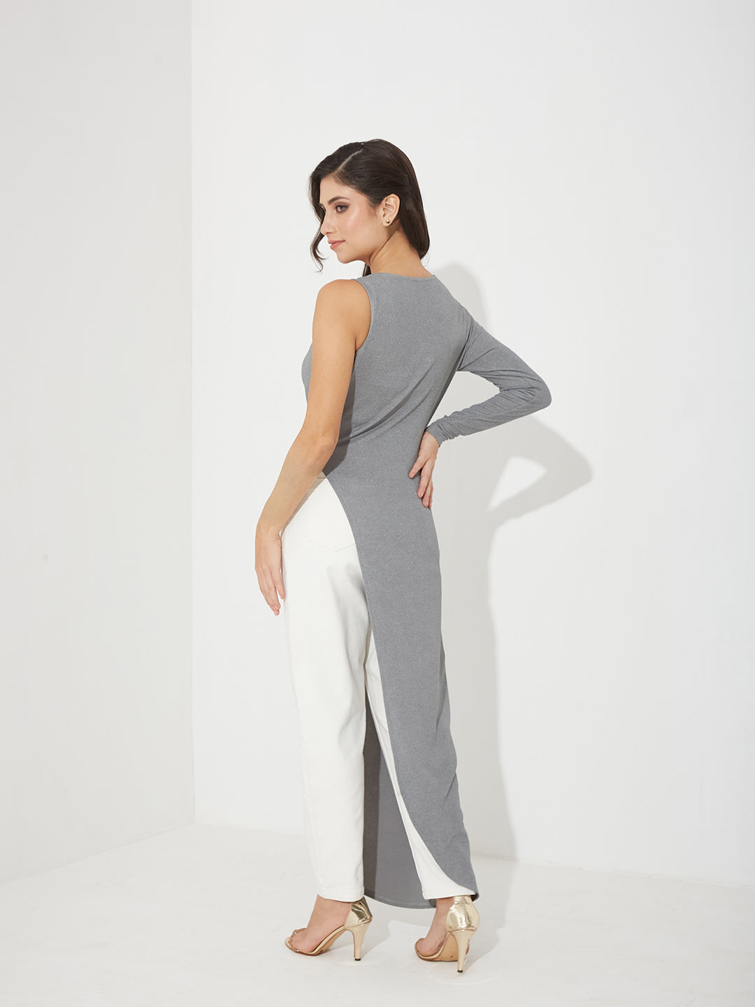 Women’s Grey Asymmetric Cowl Full-Sleeved Solid Asymmetric Maxi Polyester Top for Women