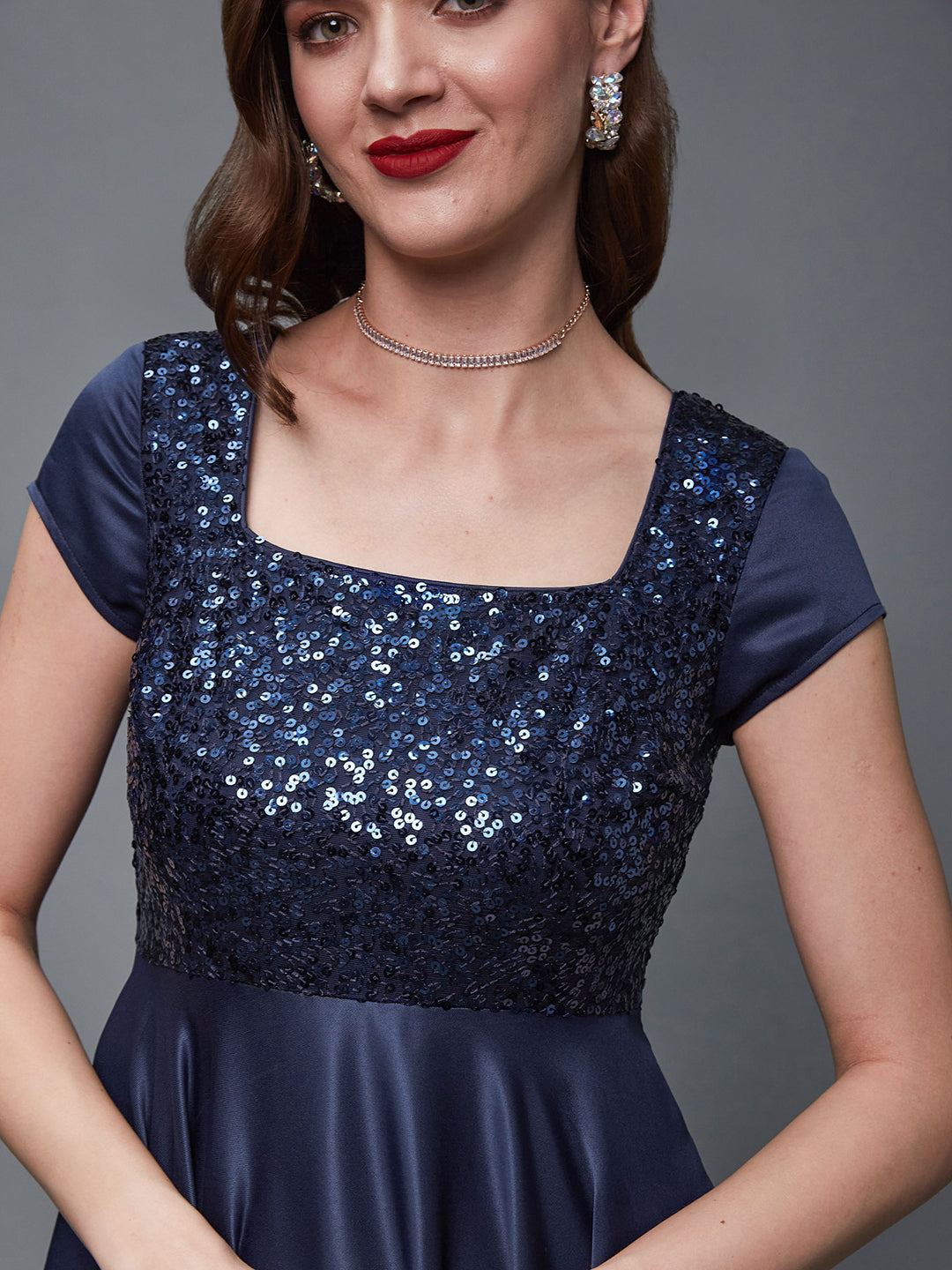 Navy Blue Short Sleeves Sequinned Fit and Flare Maxi Dress Long Dress Frock