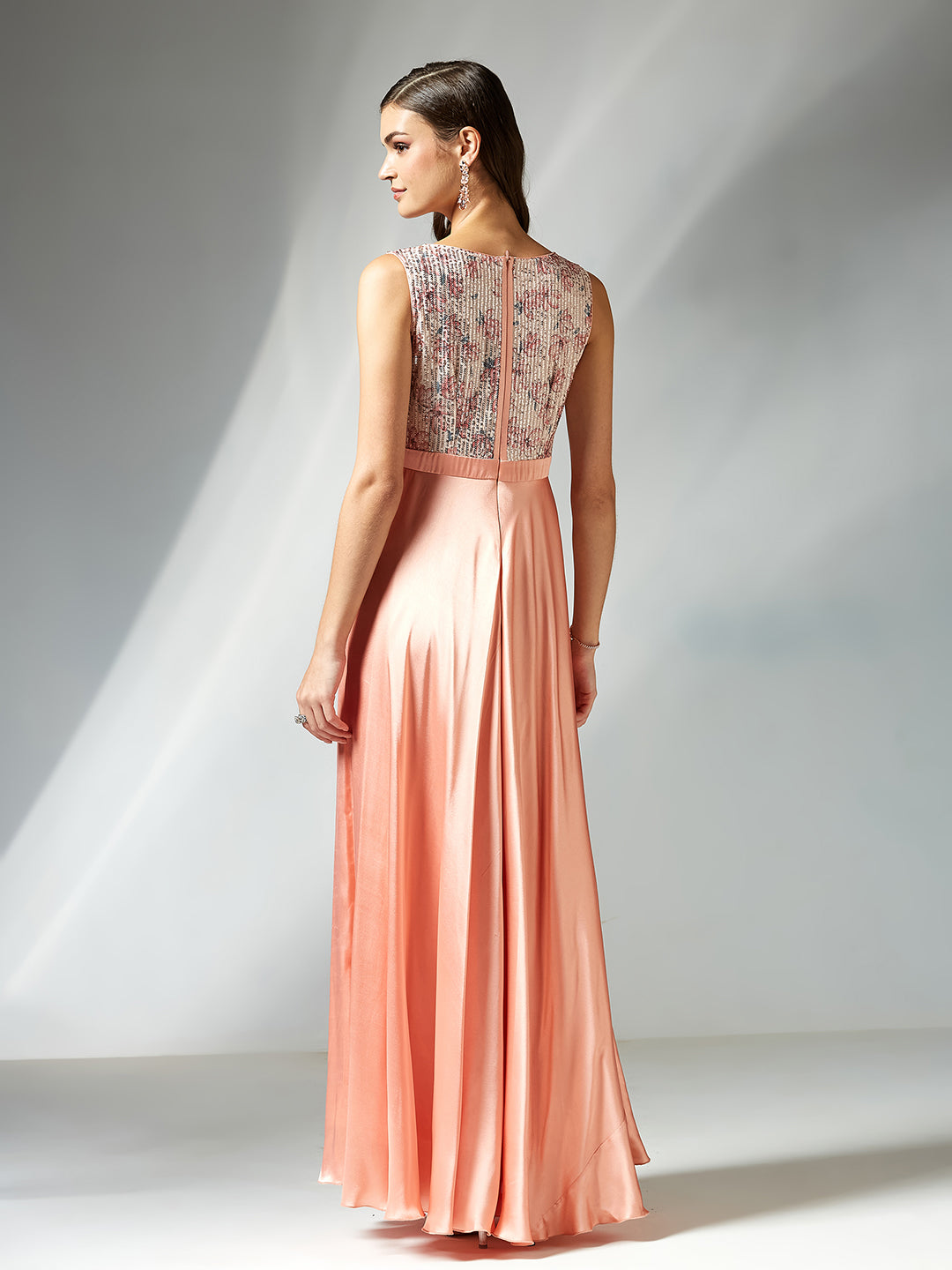 Peach Boat Neck Sleeveless Embellished Fit and Flare Maxi Dress for Women