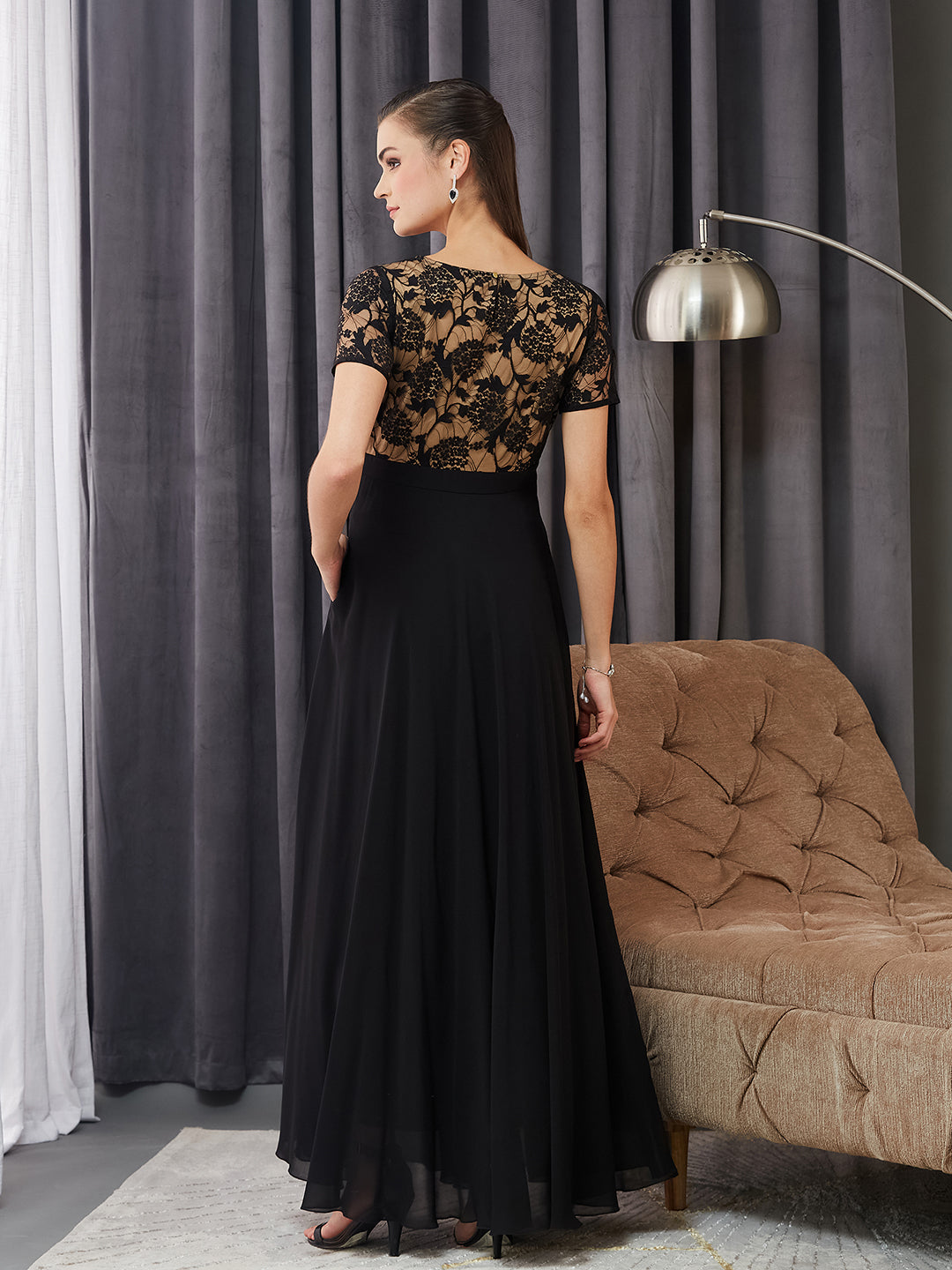 Black Round Neck Half Sleeve Self Design Fit & Flare Georgette Maxi Dress for Women