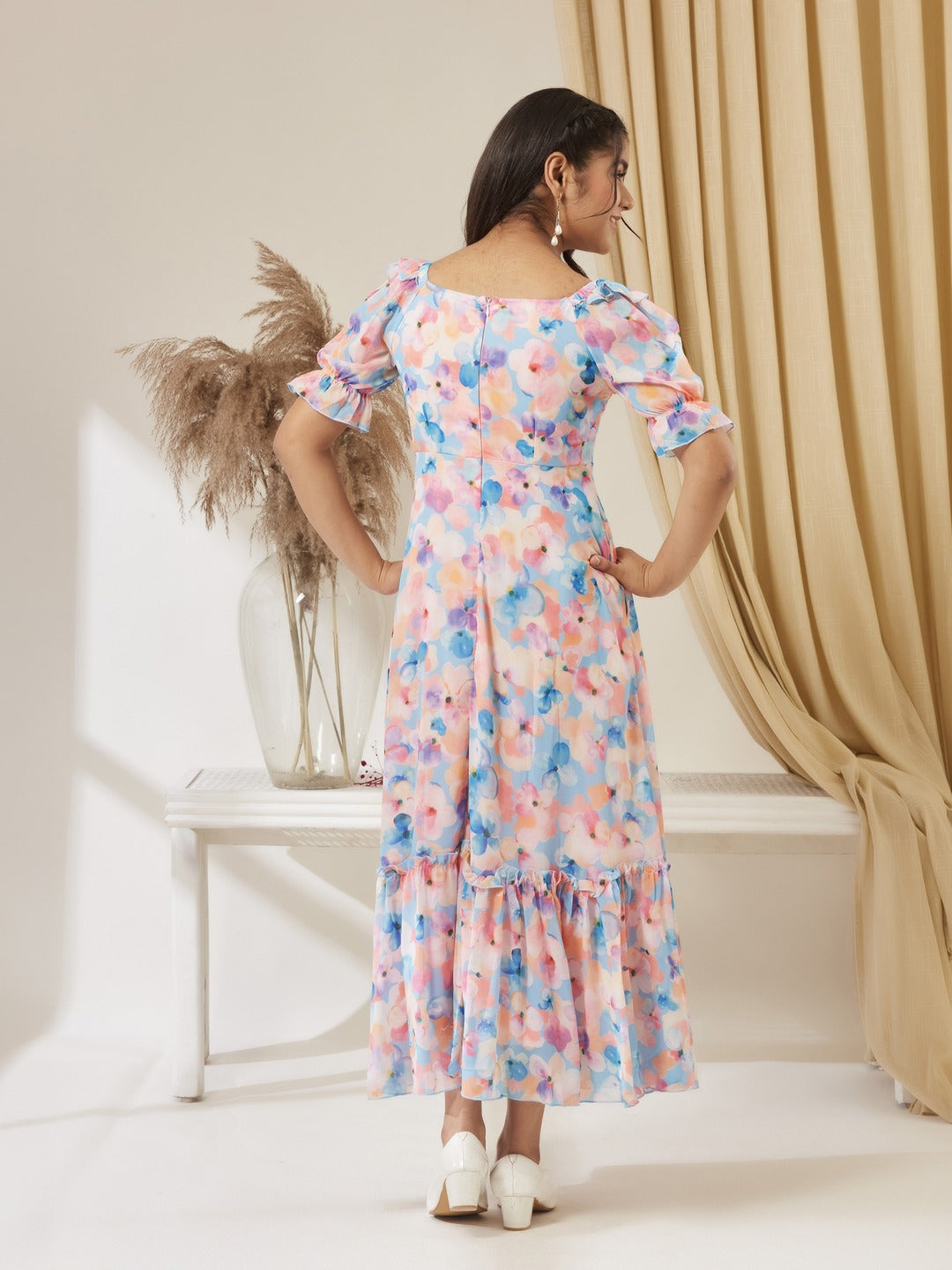 Sky Blue V-Neck Puff Sleeve Floral Ruching Ankle-Length Dress for Girls/Teenagers
