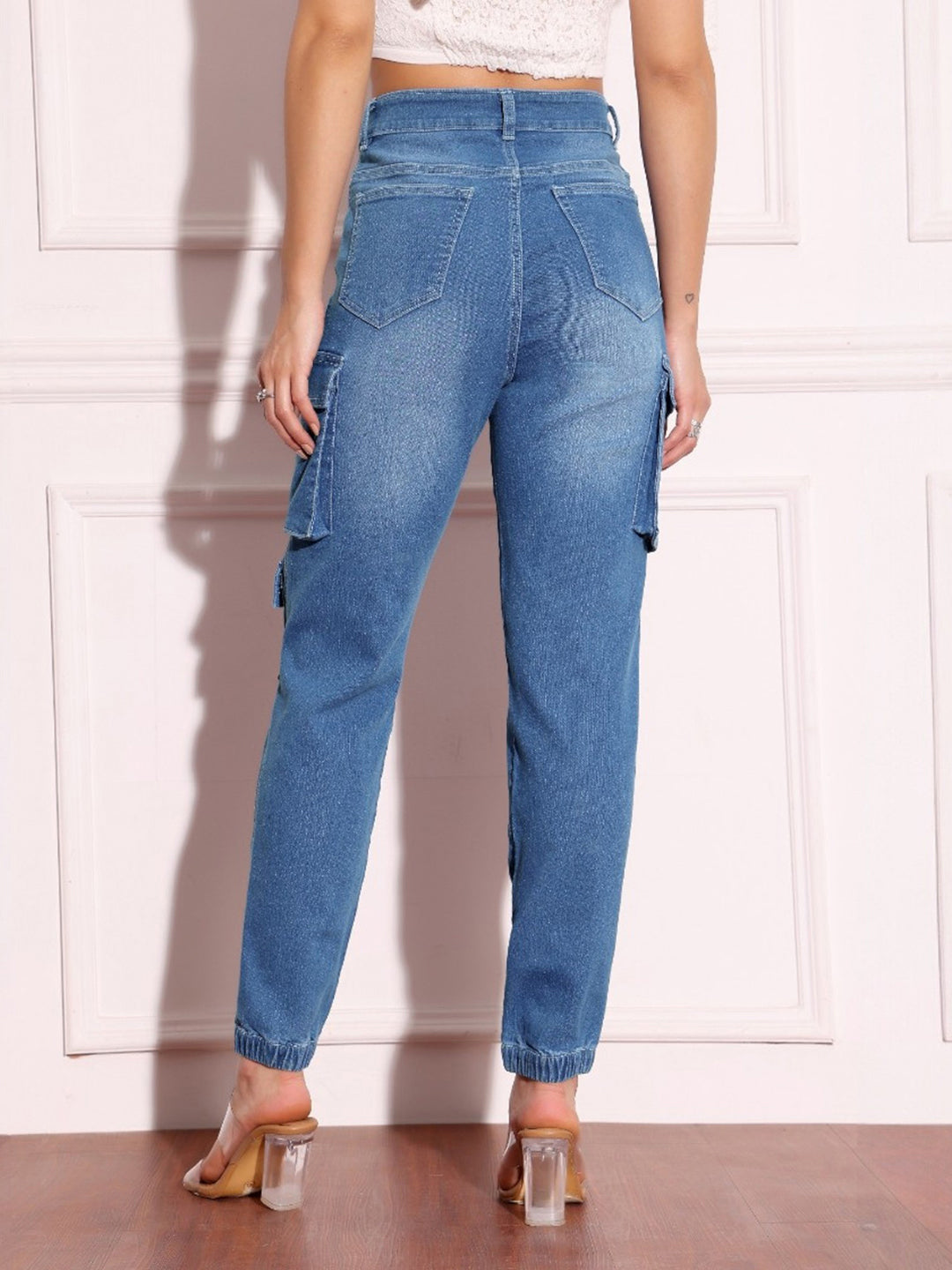 Women's Mid-Blue Regular High-Rise Regular Stretchable Denim Joggers