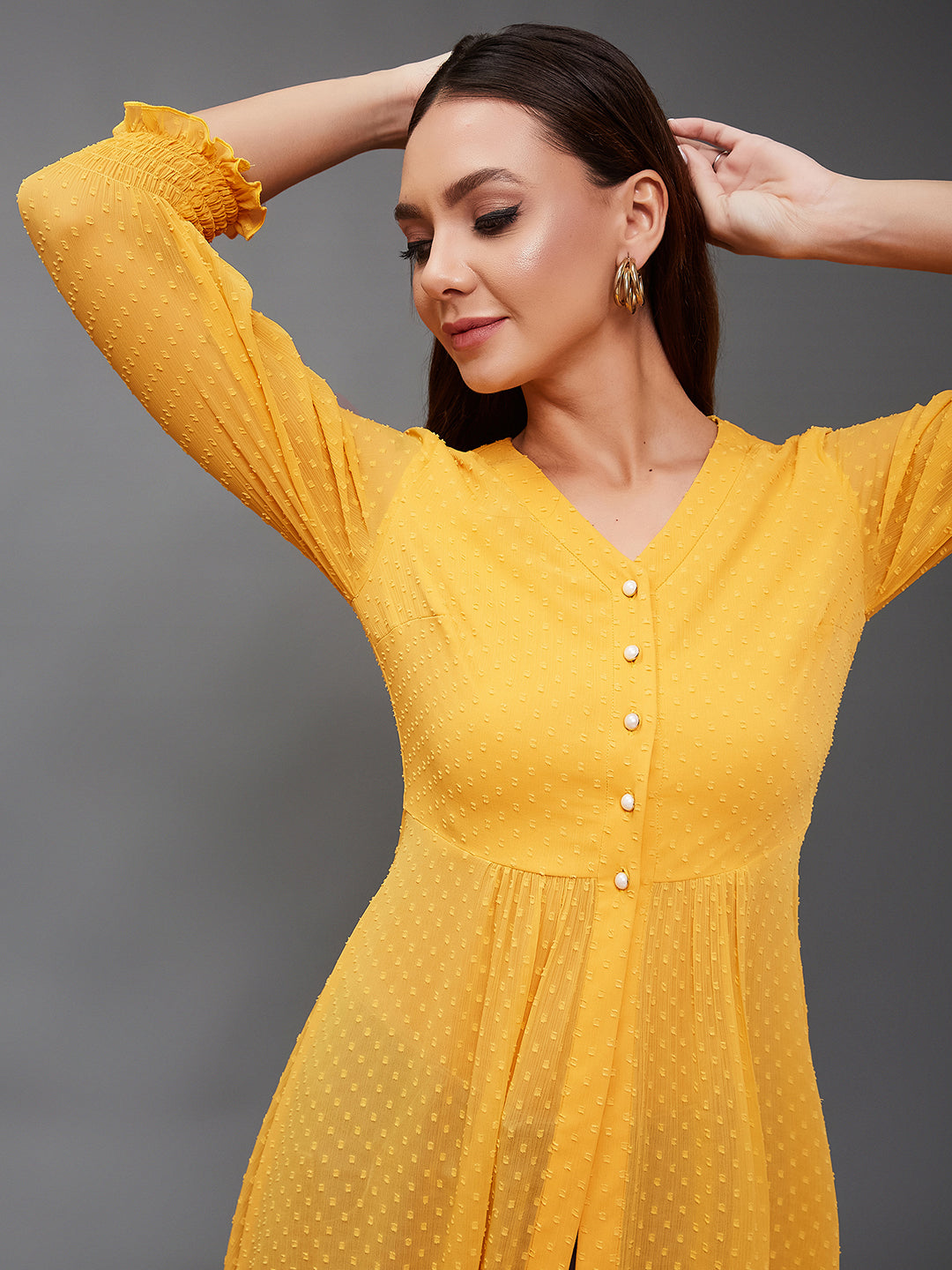 Mustard Yellow V-Neck 3/4 Sleeves solid empire Maxi Top for Women