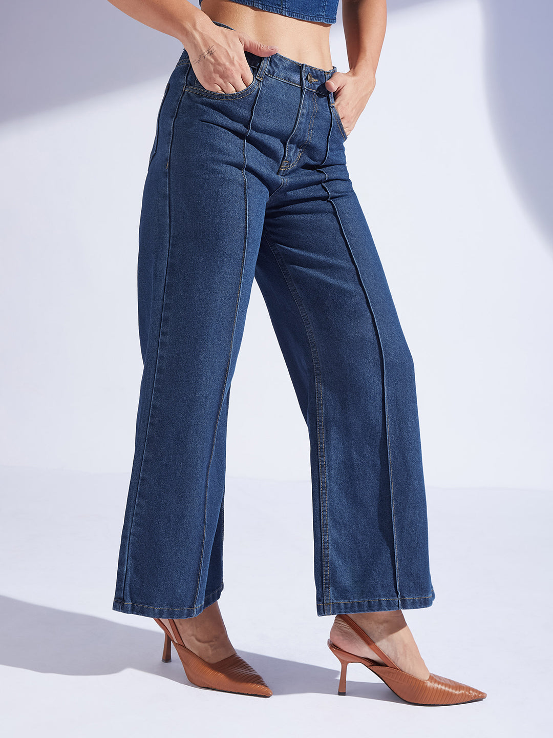 Women's Navy Blue Wide-Leg High-Rise Clean-Look Regular-Length Non-stretchable Denim Jeans