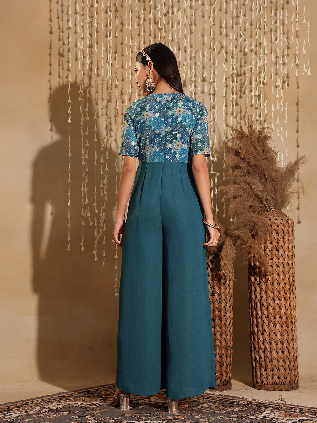 Women's Dusty Turquoise V Neck Half Sleeve Pleated Polyester Regular-Length Solid Jumpsuit