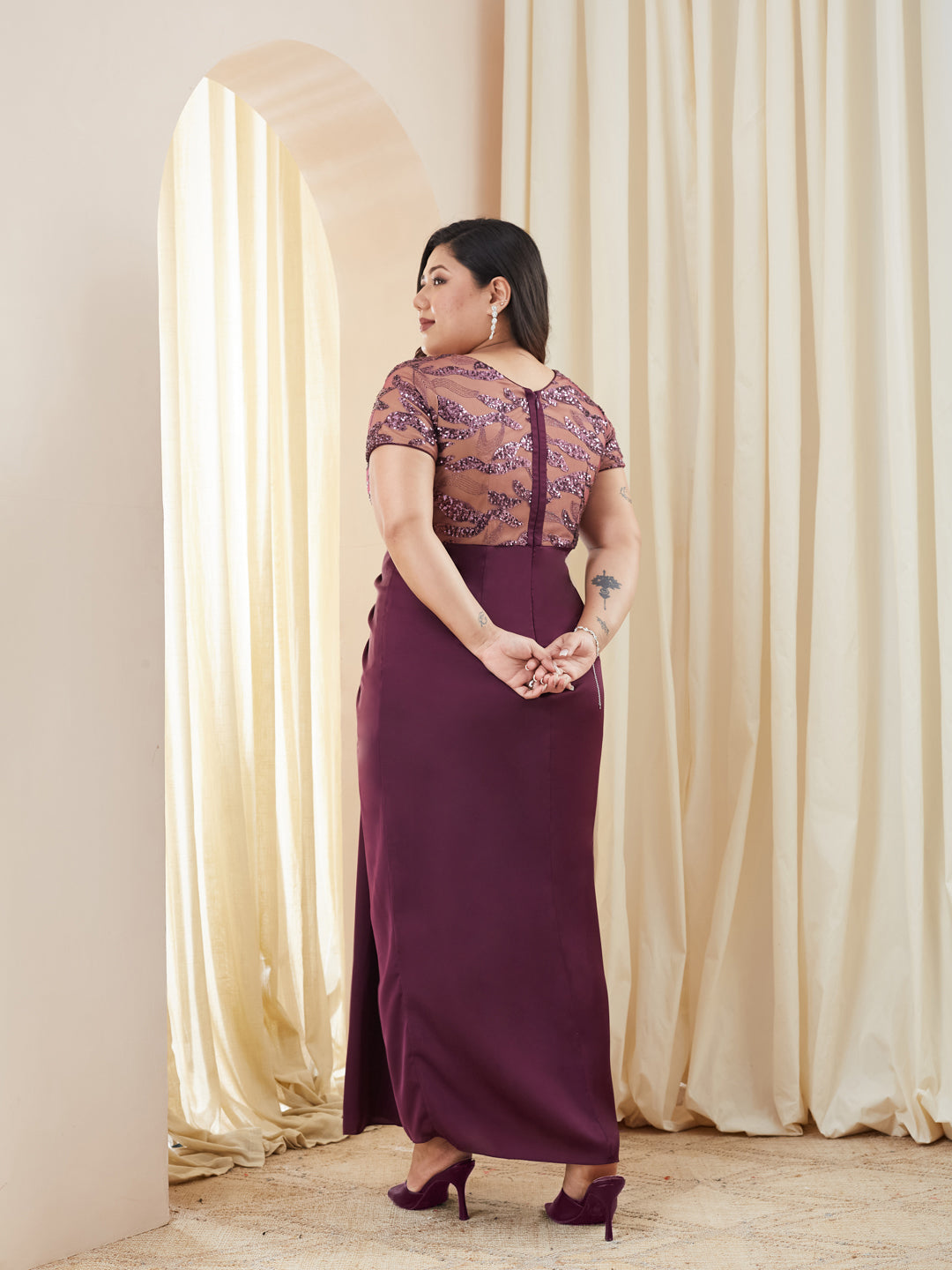 Purple Pleated Satin Gown with Round Neck & Embellishments for Women