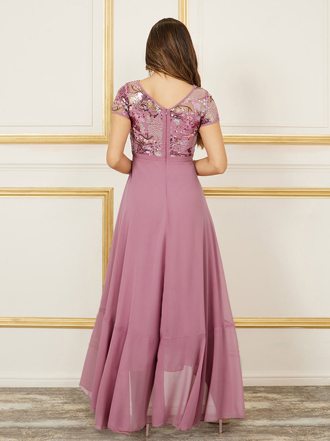 Women's Multicolored-Base-Dusty Lavender Round-Neck Short Sleeve Floral Layered Georgette Midi Dress