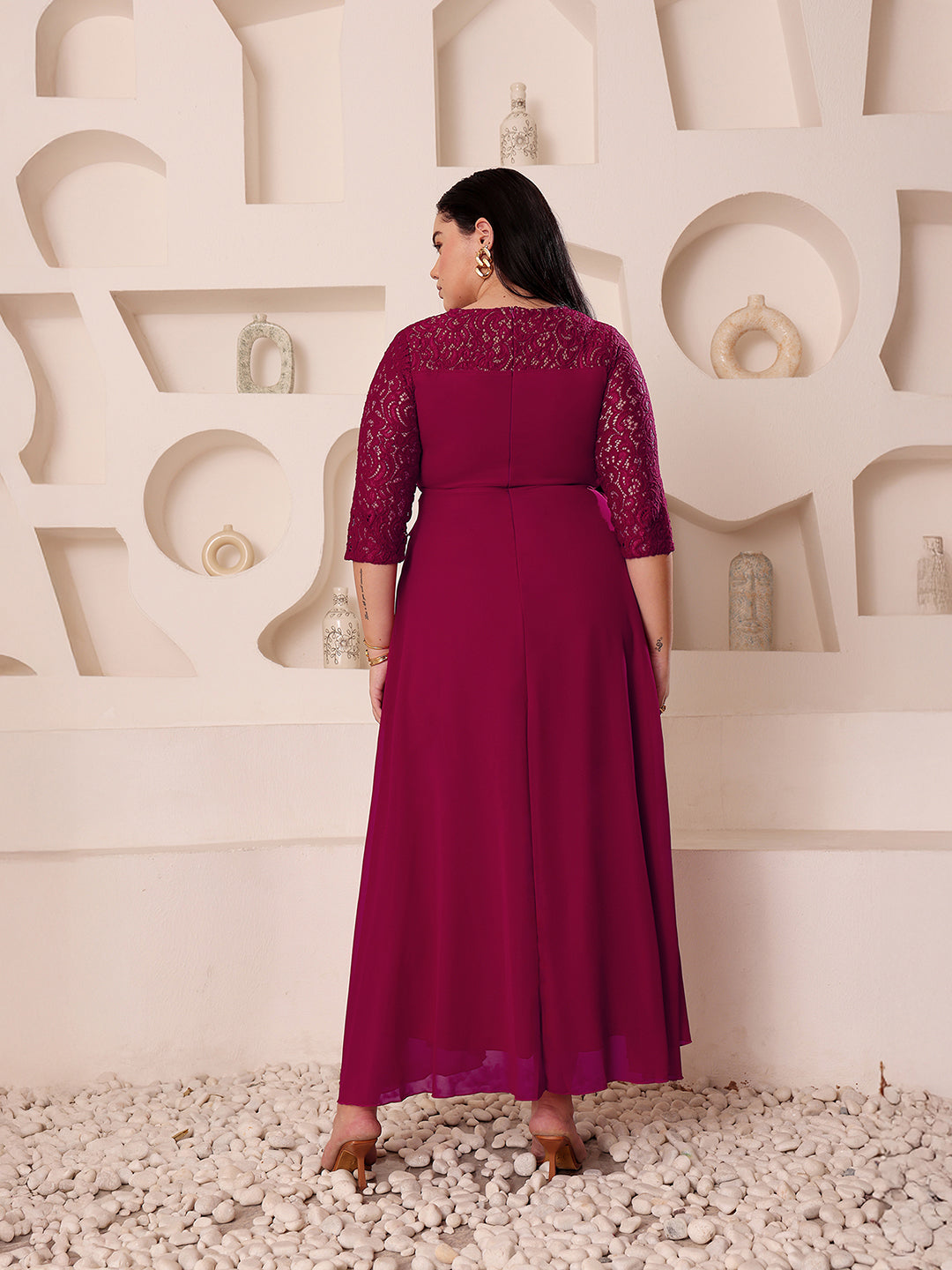 Body Bliss Dark Pink Colored V-Neck Three-Quarter Sleeve Self-Designed Wrap Maxi Georgette Dress