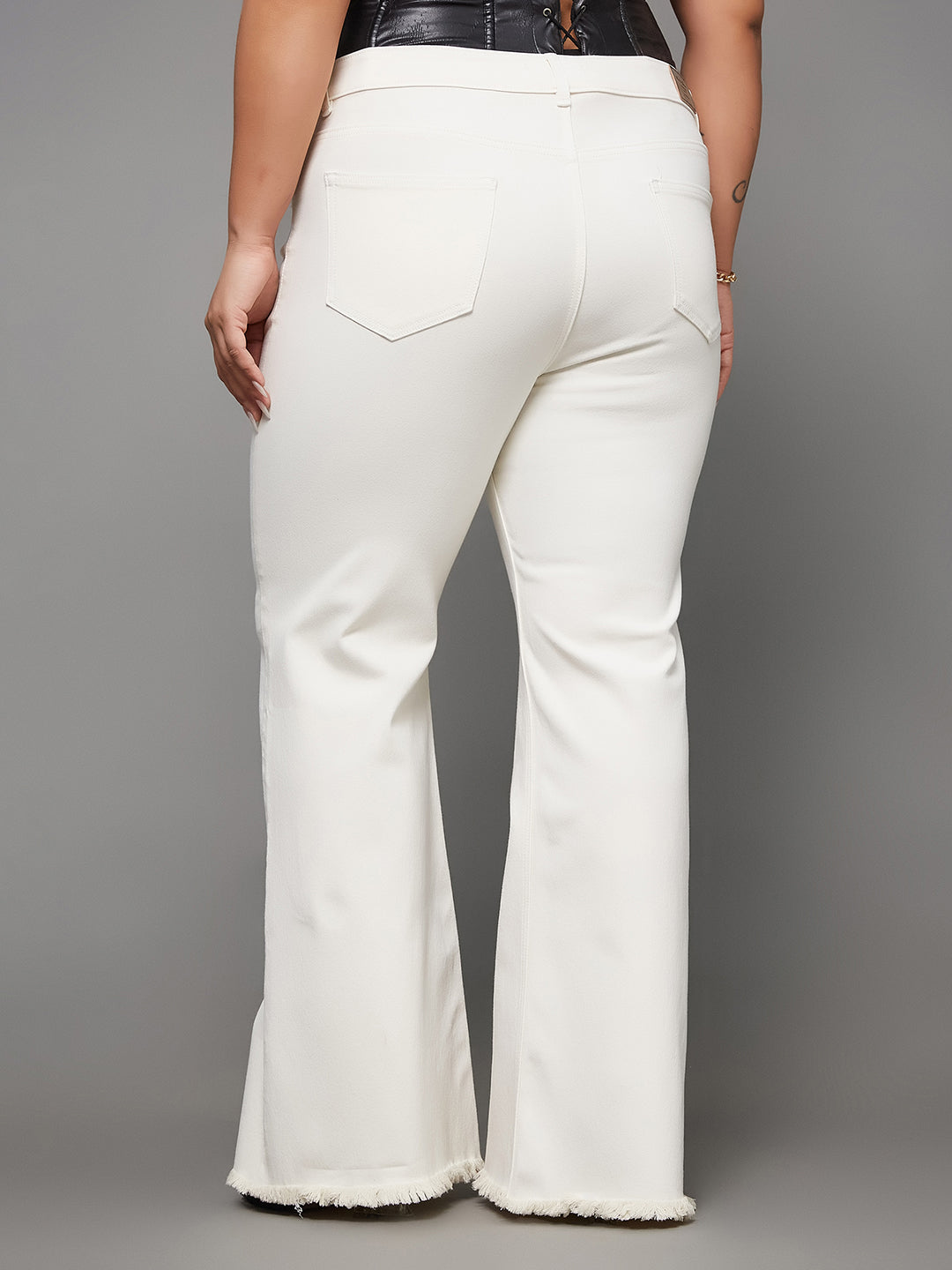 24/7 Comfort White Bell-Bottom Bootcut High-Rise Stretchable Denim Jeans for Women — Miss Chase A+