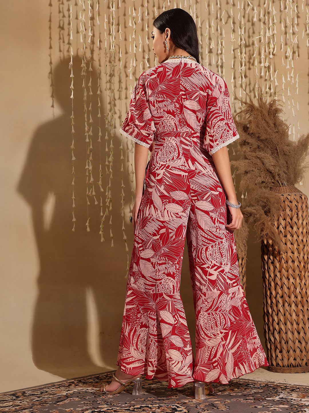 Women's Multicolored-Base-Maroon V-Neck Half Sleeve Floral Kimono Regular-Length Chiffon Jumpsuit